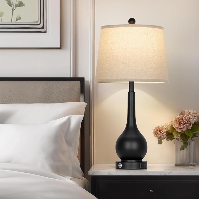 26" Black Table Lamp for Living Room Single, Touch Control Bedside Lamp for Nightstand, 3-Way Dimmable End Table Lamp for Bedroom with USB Charging Port (1 Pack)