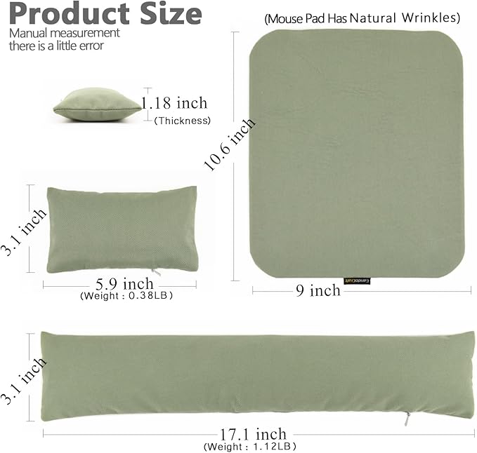 Large Mouse Pad Wrist Support Set, Bean Bag Mouse and Keyboard Wrist Rest Filled Ergo Beads, Easy Typing Gaming Home Office (Light Army Green)