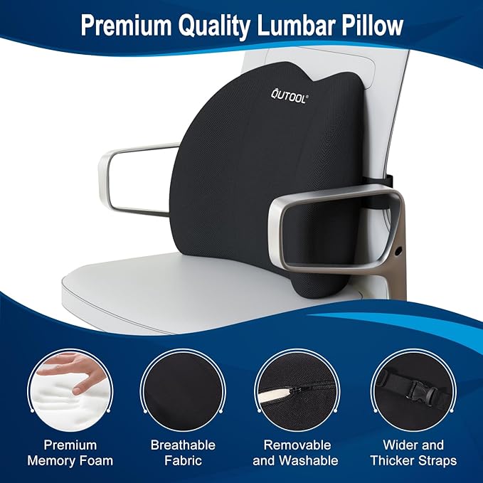 QUTOOL Lumbar Support Pillow for Office Chair, Memory Foam Low Back Cushion, Ergonomic Back Support for Desk Chair, Gaming Chair, Adjustable Strap and Washable Cover