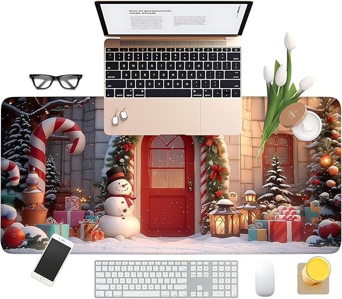 Christmas Scene Extended Gaming Mouse Pad 35.4x15.7Inch Large Desk Mat Anti-Slip Rubber Base & Durable Stitched Edges for Gamers Smooth Mouse Writing Surface for Desk Office/Home