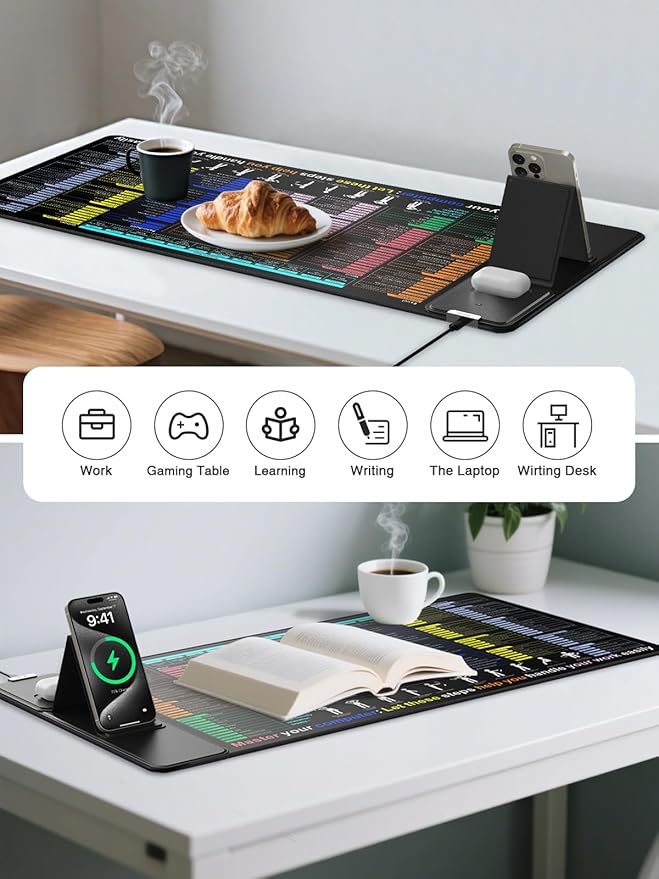 Mouse Pad with Foldable Phone Holder, Wireless Charging Desk Mat with Excel Shortcut Keys, 31.5"x15.8" Large Mousepad with Superior Micro-Weave Cloth, XXL Desk Pad Non-Slip, Waterproof