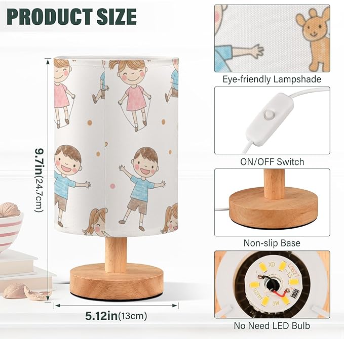 Kid LED Table Lamp, Bedside Lamp with Linen Lampshade, Flicker-Free Eye Care USB Plug in Nightstand Lamp, for Bedroom and Office