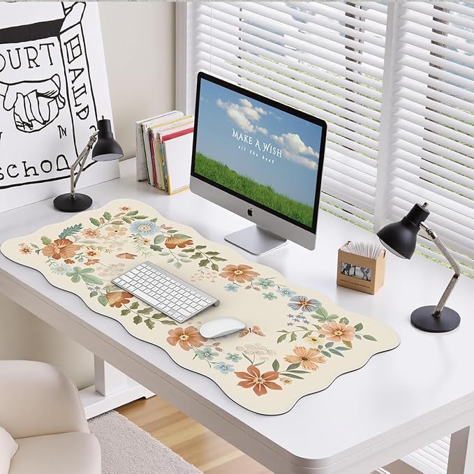 iCasso Desk Mat, Scalloped Desk Matt for Desktop, Cute XXL Large Mouse Pad, Anti-Slip Big Mousepad with Stitched Edges, Keyboard Pad Mouse Mat for Computer(Beige)