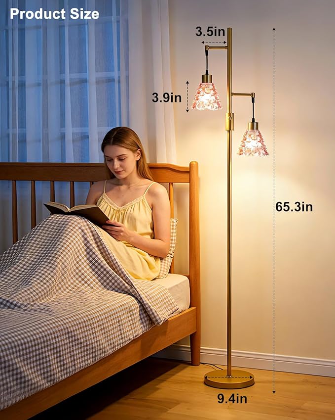 2-Light Glass Floor Lamp, Gold Tall Standing Lamps Dimmable with Rose Red Glass Lampshade, 3000K Warmwhite Mid Century Modern Floor Lamp for Living Room/Bedroom/Sofa Beside/Home Decor