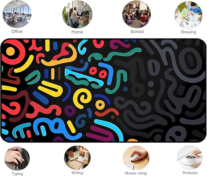 Colorful Line Desk Pad, Abstract Art Mouse Pad Mat XXL, Black Large Office Desk Keyboard Pad, with Non Slip Rubber Base and Stitched Edges Mouse Pad, Game Player's Desktop Decor 31.5"X15.7"