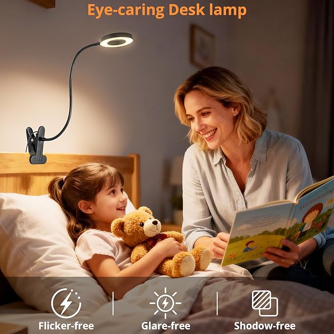 Desk Lamp Clip Light, 10 Dimmable Brightness 3 Light Modes Reading Light, Clamp Bedside Lamp for Painting, Craft, Study (Black)