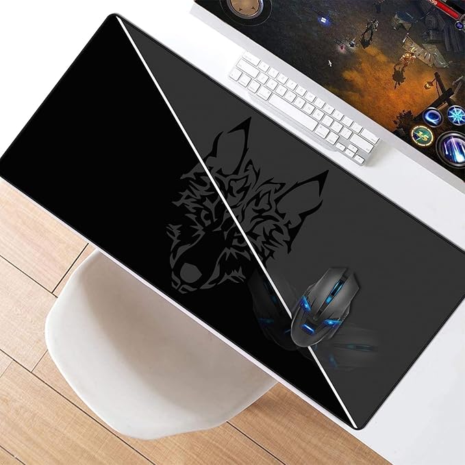 Large Gmaing Mouse Pad with Stitched Edges, Superior Micro-Weave Cloth, Non-Slip Base, Size 35.4 X 15.7X 0.12inches - Black Gray Wolf Head