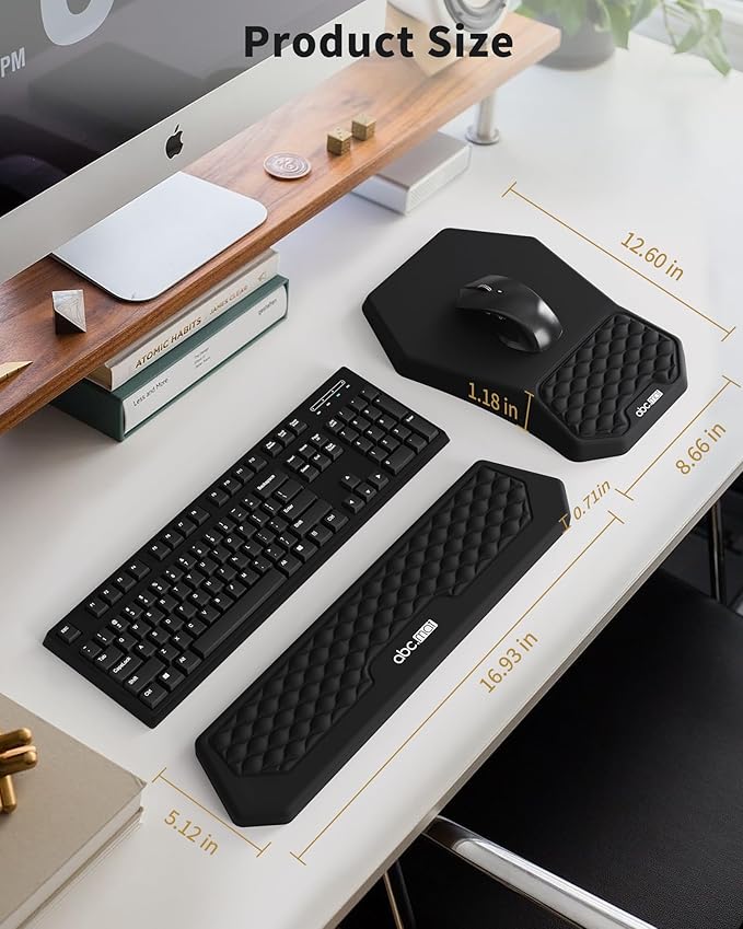 Ergonomic Mouse Pad and Keyboard Wrist Rest Support Set, Massage Design Mousepad for Carpal Tunnel, Memory Foam, Non-Slip PU Base for Computer Desk, Black