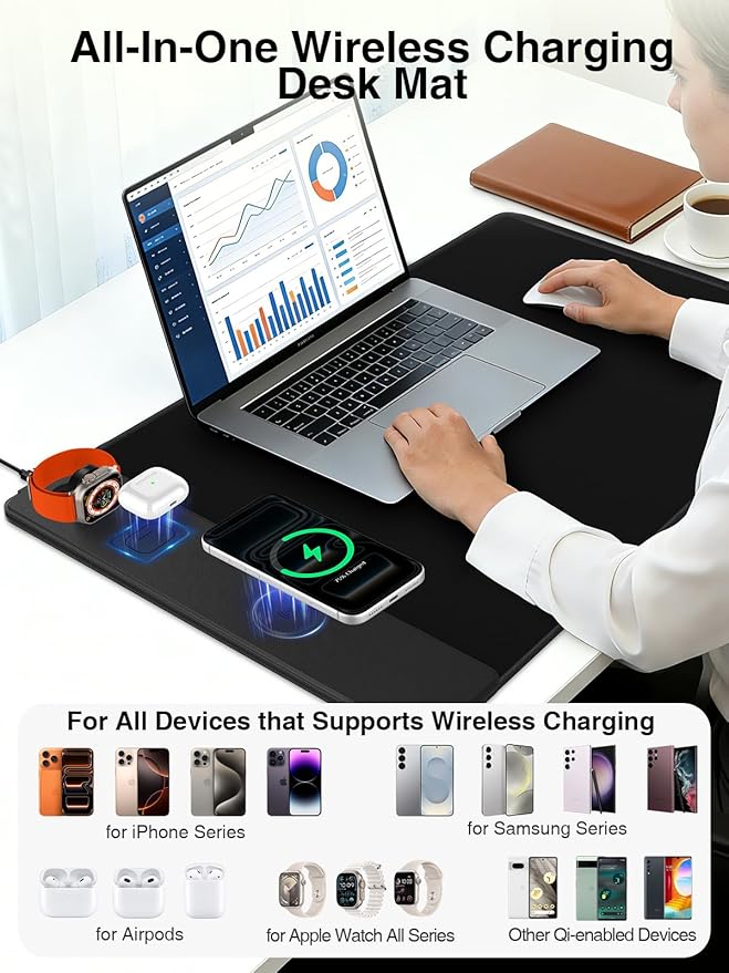 Mouse Pad with Magnetic Wireless Charging, Large Desk Mat, Non-Slip Mouse Mat, Keyboard Pad for Gaming, Desk, Office, PC (The Left Charging-Black with 20W PD Charger)