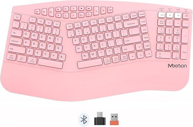 MEETION Ergonomic Keyboard Wireless, Multi-Device Bluetooth Keyboard, Full-Sized Rechargeable Split Computer Keyboards, Wrist Rest for Natural Typing, for Windows/Mac/Laptop/Table/PC, Pink