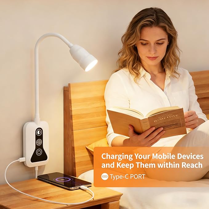 Wall Mounted Reading Light, Wall Light with Motion Sensor Switch, 5 Dimmable & Color Temperature Adjustable, USB-C Output, Flexible Neck Book Light for Bed, Sofa, Desk,Dorms, Heaboard