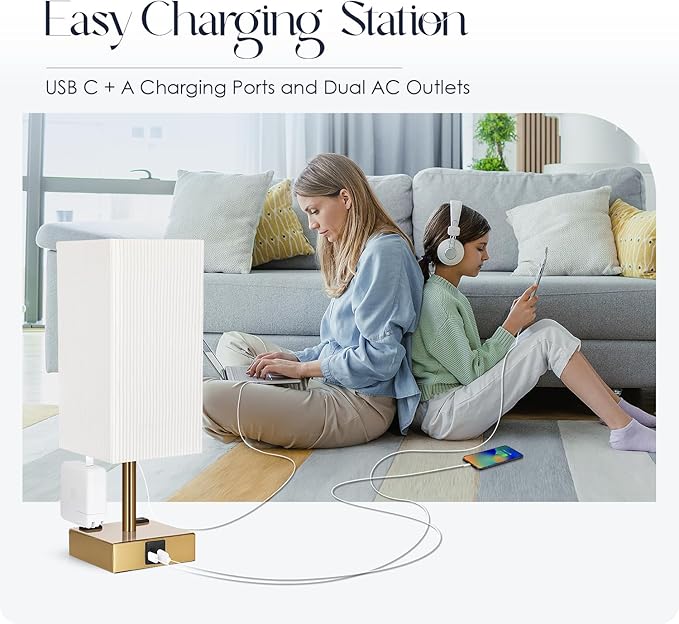 Soilsiu Bedside Lamp with USB Ports - Touch Control Table Lamp for Bedroom with USB C+A Ports & AC Outlets, 3 Way Dimmable Nightstand Light with Pleated Shade for Living Room(Bulb Included)