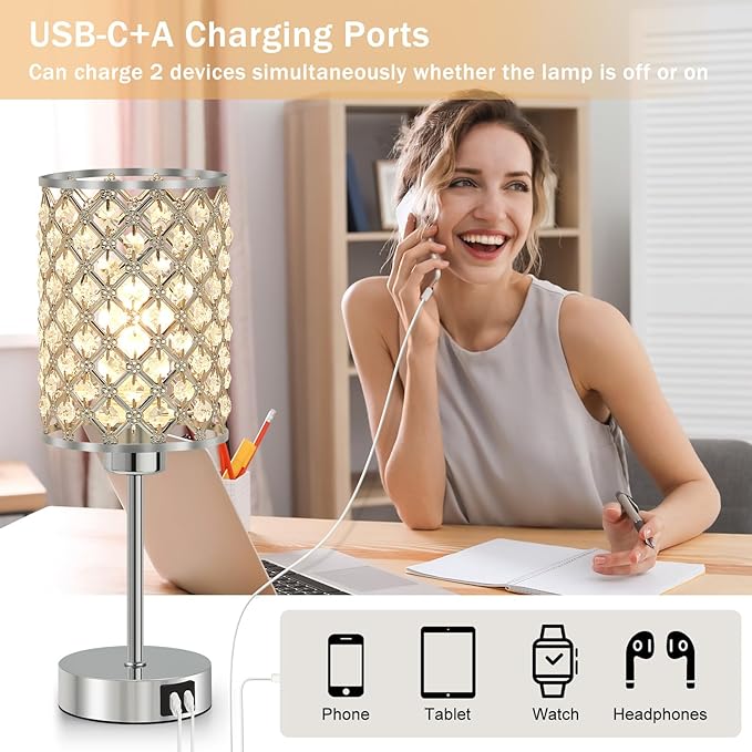 GyroVu Crystal Touch Table Lamp for Bedroom, Silver Desk Lamp with USB-C & USB-A Ports, Dimmable Modern Bedside Lamp for Nightstand, Living Room & Home Office - LED Bulb Included