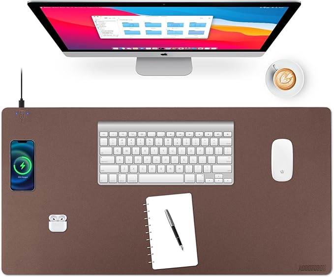 Wireless Charging Desk Mat with Desk Pad for Desktop Charging Large Mouse Pad Waterproof Leather Computer Mat Mouse Pad Non-Slip Protector on Top of Desks for Keyboard and Mouse (brown-l, 32*16inch)