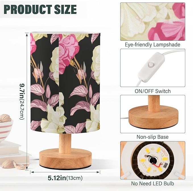 Colorful Floral LED Table Lamp, Bedside Lamp with Linen Lampshade, Flicker-Free Eye Care USB Plug in Nightstand Lamp, for Bedroom and Office