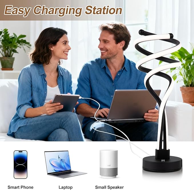 ElDISUNY Modern LED Table Lamp, 3 Color Temperatures,Touch Control Curve Dimmable Bedside Table Lamps with USB Ports, Touch Control LED Nightstand Lamp, Desk Lamp for Living Room, Bedroom -Black