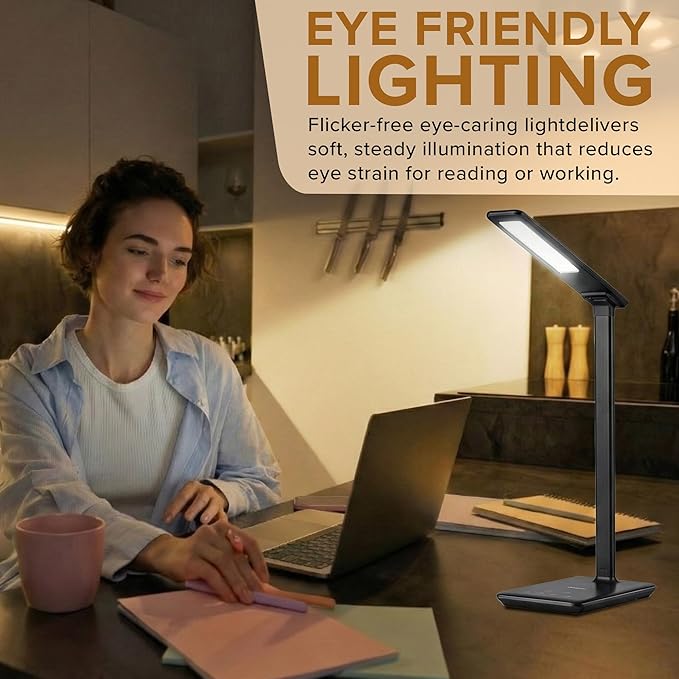 LED Desk Lamp | Wireless Charger & USB Port | 4 Color Modes & 10 Brightness Levels | Eye Caring Touch Control Lamp with Auto Timer | Foldable Adjustable Arm | Modern Light for Office Bedroom