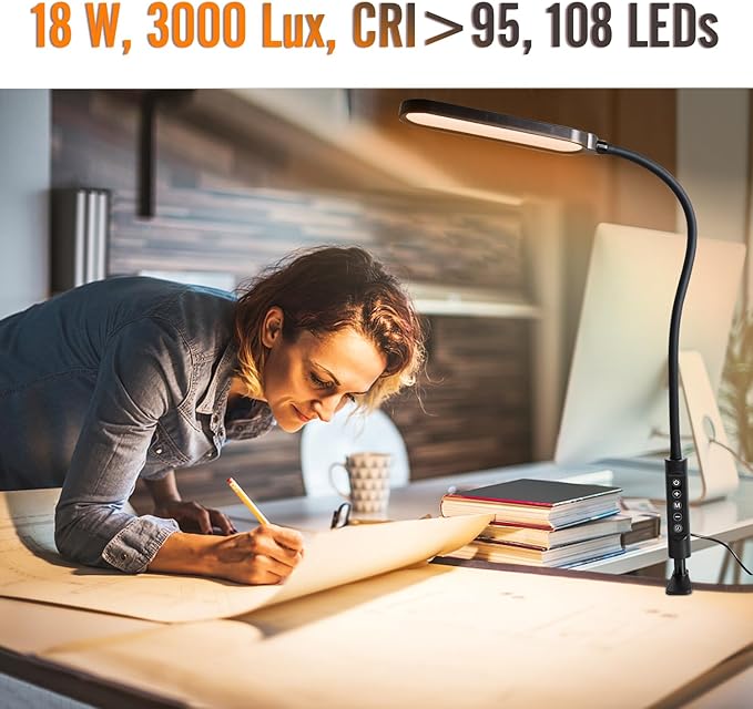 Clamp Lamp, Ultra Bright Clip on Light, CRI>95,18W, 3000 LMS, 3 Color Modes, Soft Touch Control with Timer, Eye-Caring Task Lamp with Remote for Reading, Home, Office (Adapter Included)