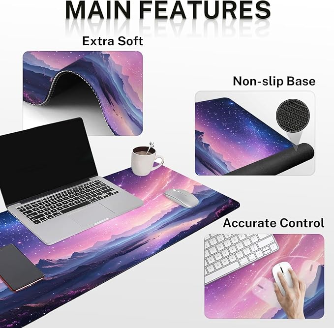 Arttown Dreamy Galaxy Desk Mat Mountains Nebula Mouse Pad Set 4 in 1 Night Sky Ergonomic Design Large Desk Pad + Keyboard Wrist Rest + Mouse Wrist Rest + Coaster Suitable for Home Office Study Game