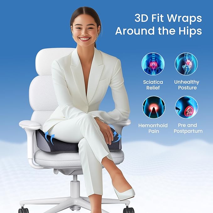 Benazcap Large Ergonomic Seat Cushion for Office Chair, Coccyx & Lumbar Support Pillow, Memory Foam Seat Cushions for Office Chairs