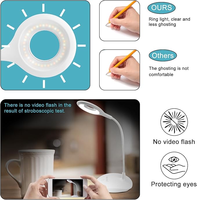 LED Desk Lamp with Flexible Gooseneck, Cordless Rechargeable, 3 Color Modes, Dimmable, Stepless Touch Control, Portable Eye-Caring Table Lamp for Office Home Bedroom, White