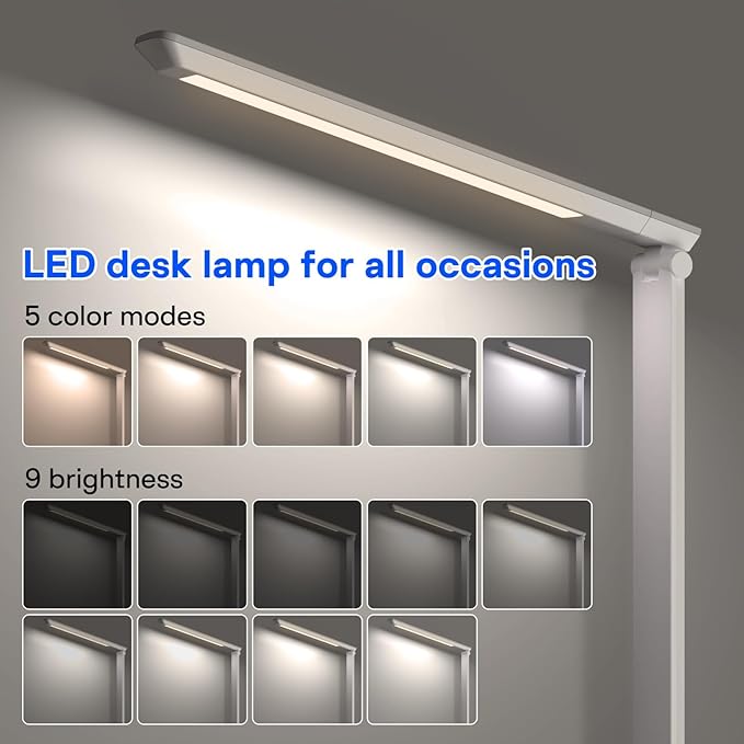 UK Plug Adapter Desk Lamp for 9 Level Brightness Touch Control & 5 Lighting Modes, 14W 900LM Dimmable Eye-Caring Reading LED Desk Light with USB Charging Port, Dimmable Home Office Desk Light