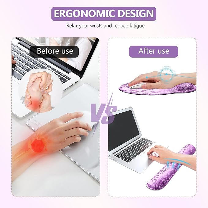 iLeadon Mouse Pad Set, Desk Mat + Mouse Pad with Wrist Rest + Keyboard Wrist Rest + Coaster, 4in1 Large Gaming Mouse Pad Glitter Leopard Mouse and Keyboard Pad Set for Home Office, Purple