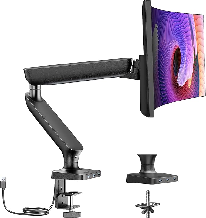 Single Monitor Mount for 13-49 Inch Screens up to 24 lbs, Ergonomic Adjustable Monitor Arm with Built-in USB 3.0 Hub, Space-Saving VESA Desk Mount for Home Office & Gaming, C-Clamp & Grommet Base