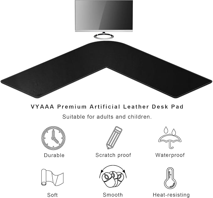 Vyaaa 51 inch L Shaped Desk Mat, Black Leather Corner Desk Mat Pad,Large Dual Sided Gaming Mouse Pads, Non-Slip Laptop Desk Pad, Office and Home