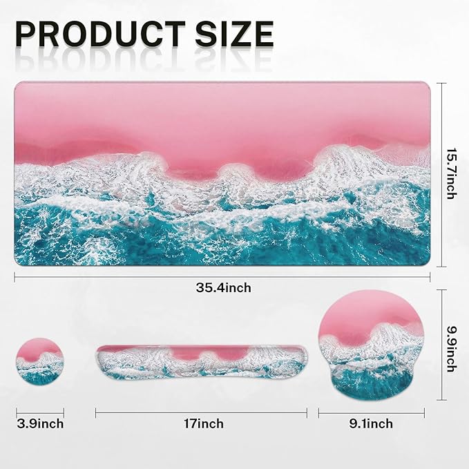 Britimes Blue Sea Keyboard Mouse Pad Set Pink Sand Beach 4in1 Large Mousepad+Keyboard Wrist Rest+Mouse Wrist Rest+Coaster Set with Ergonomic Design for Home Office Computer 35.4x15.7 inches
