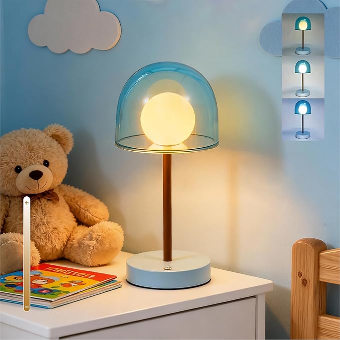 Small Lamp Battery Operated, Bathroom Shower Lamp IP44, Cordless Blue Light Desk Dimmable, Rechargeable Lamp Mushroom, Boy Cool Desk Lamp for Nightstand Nursery, 7.7" W x 10.6" H (Sky Blue)