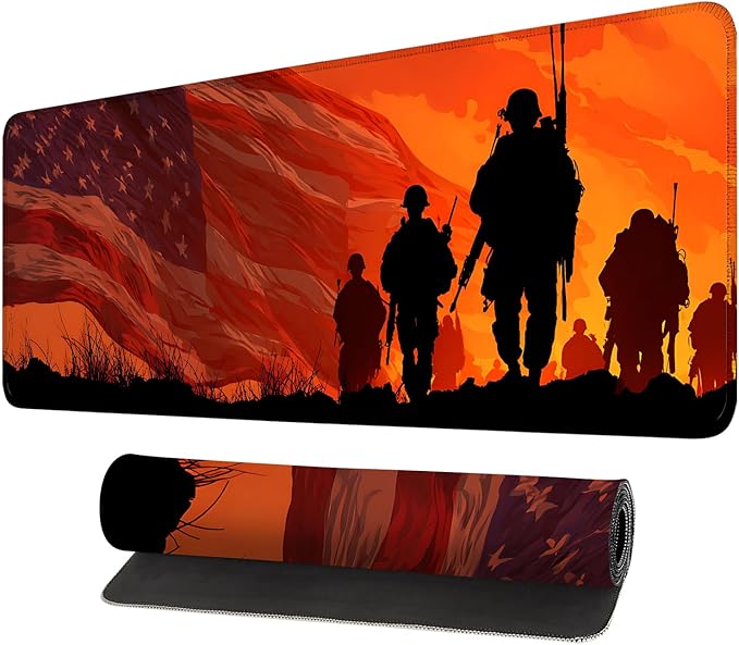 Desk Mat, XXL Extended Gaming Pad for Desktop, 31x12 Inches Patriotic Soldier Silhouette with Flag, Large Non-Slip Vegan Leather Keyboard Mouse Mat for Home Office
