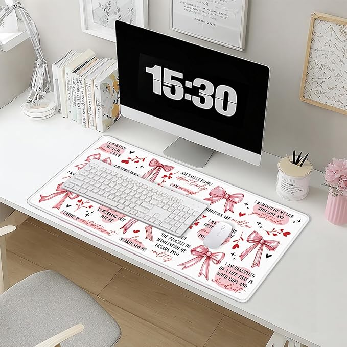 Coquette Preppy Pink Bow Inspirational Large Mouse Pad 31.5x15.7inch, Daily Reminders Large Extended Computer Desk Mat Mousepad for Keyboard and Mouse, Girly Office Desk Accessories