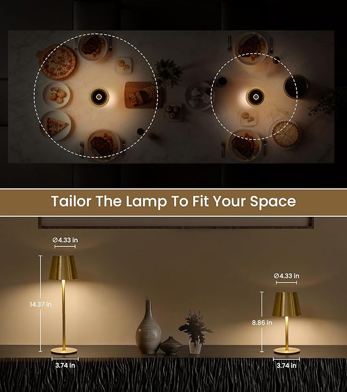 3 Pack Cordless Table Lamp, Portable Battery Operated Lamp with 3 Color Temps and Stepless Dimming, Rechargeable Table Lamp for Dinner, Desk, Cafe, Outdoor (Brushed Gold)