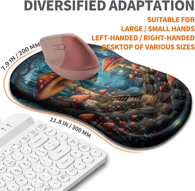 Ergonomic Joint Wrist Support Mouse Pad with Memory Foam Cushion Massage Bump, Carpal Tunnel Mousepad Slope Design for Wrist Rest, 11.8x7.9 in, Mushroom