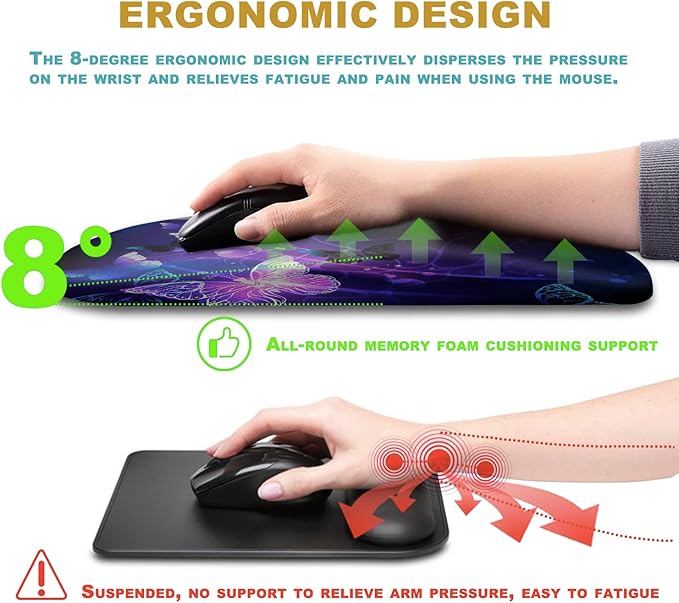 Ergonomic Mouse Pad with Wrist Rest Support, Massage Design Mouse pad Relief Carpal Tunnel Pain, Entire Memory Foam Non-Slip Mouse Pad, Computer Mouse Pads for Wireless Mouse Pad, Cool Butterfly