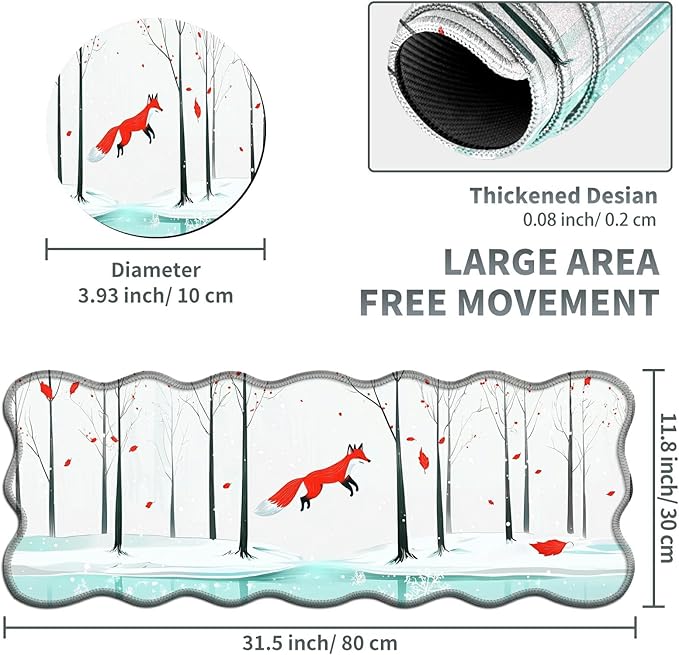 Winter Forest Fox Large Gaming Mouse Pad Plus a Coaster, 31.5 x 11.8 inches Desk Mat Extended XL Mousepad with Stitched Edge Non-Slip Rubber, Desk Pad Computer Mouse Mat for Home Office