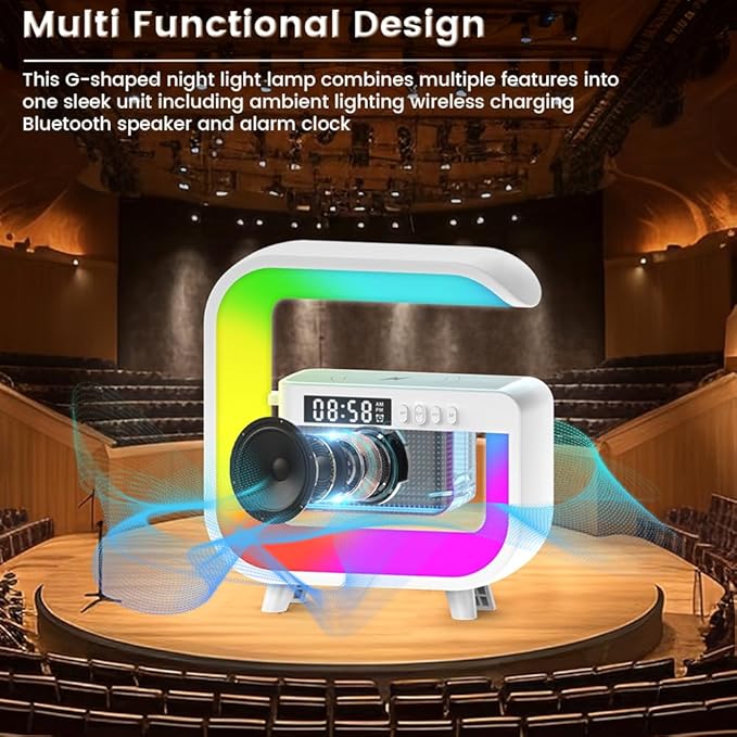 Smart LED Table Lamp, Wireless Charger with 10W Fast Charging and Sunrise Alarm Clock, Bluetooth Speaker Lamp for Bedroom, Office, and Living Room Ambiance