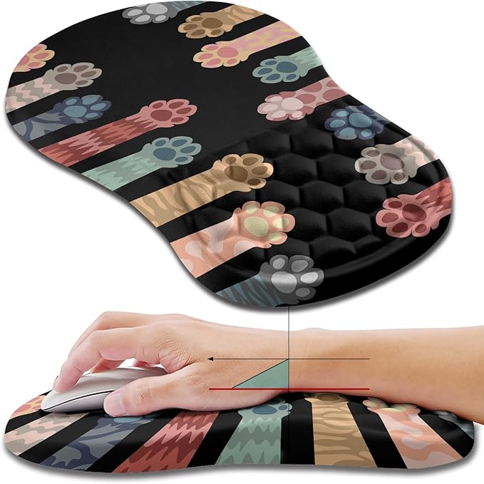 Hokafenle Ergonomic Mouse Pad Wrist Support, Wrist Rest Mousepad for Carpal Tunnel with Integrated Memory Foam Slope Massage Bulge (11.8x7.9 inch,Cute Cat Claw)