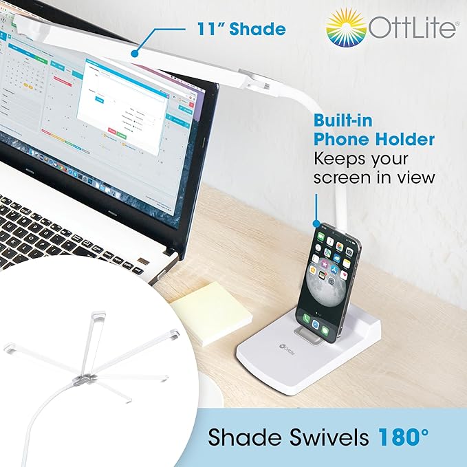 Ottlite Swivel LED Desk Lamp with USB Charging and Stand - ClearSun LED Technology - Adjustable & Flexible Neck, Touch Switch, Dimmable & Integrated Phone Holder - Desk Lamp for Work, Study & Reading