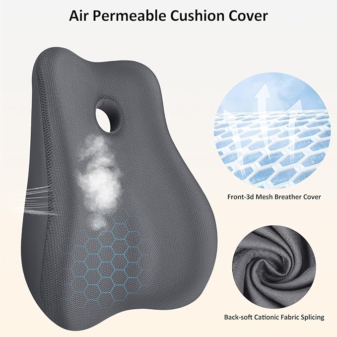 Seat Cushion, Lumbar Support Pillow for Office Chair, Memory Foam Coccyx Seat Cushion, Ergonomic Mesh Back Support Pillow, Office Desk Chair Cushion for Coccyx, Back & Tailbone Support, Grey