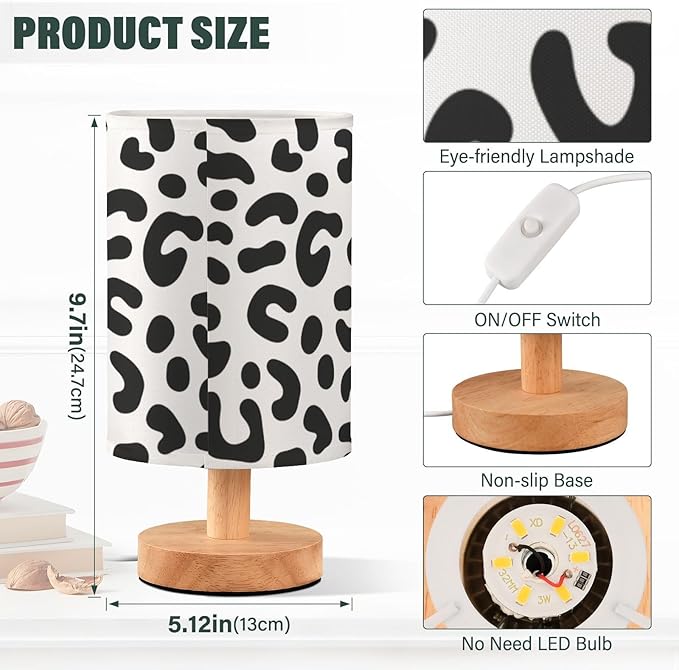 Black Leopard LED Table Lamp, Bedside Lamp with Linen Lampshade, Flicker-Free Eye Care USB Plug in Nightstand Lamp, for Bedroom and Office