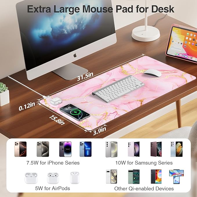 Pink Marble Mouse Pad with 15W Wireless Charging, 31.5"x15.8" Large Gaming Desk Pad/Mat for Women Girls, Waterproof Ultra-Smooth Surface, Non-Slip Base, with 20W PD Adapter