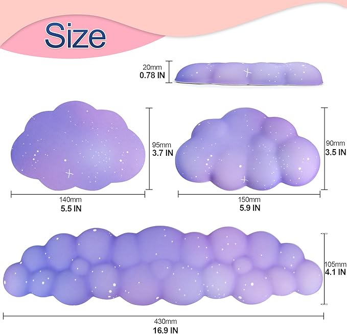 Cloud Wrist Rest Set for Keyboard and Mouse, Includes Cute Coaster, with Computers and Laptops（Purple Star Set）