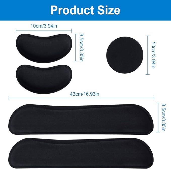 Leolee Gel Memory Foam Keyboard Wrist Rest, 5 in 1 Wrist Rest for Computer Keyboard and Mouse Set, Black Ergonomic Wrist Support with Non-Slip Base for Pain Relief, Typing, Gaming, Office
