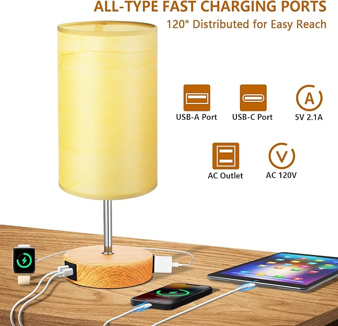 HiBay 17.75" Touch Bedside Table Lamp with USB Charging Ports & AC Outlet, Farmhouse Wood-Grain 3-Way Dimmable LED Nightstand Light with Parchment Shade for Bedroom Home Office Decor