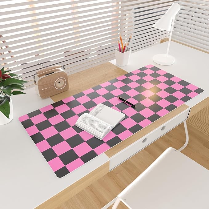 Colorful Star Large Black and Pink Mouse Pad, Plaid Waterproof Office Desk Mat, Non-Slip Gaming Mouse Pad, XXL PC Laptop Protector Pads, PU Leather Desk Writing Pads for Office Home, 31.5" x 15.7"