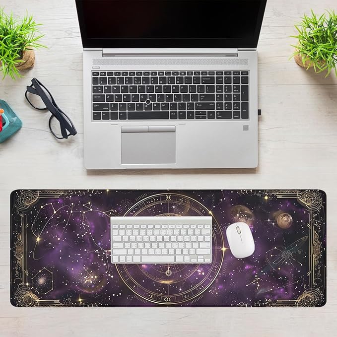 Purple Star Moon Card Desk Pad Mouse Pad Mysterious Galaxy Large Gaming Mouse Mat with Stitched Edges,Non-Slip Waterproof Rubber Base Mous Mat 35.4"x15.7" Office Computer Keyboard Laptop Home