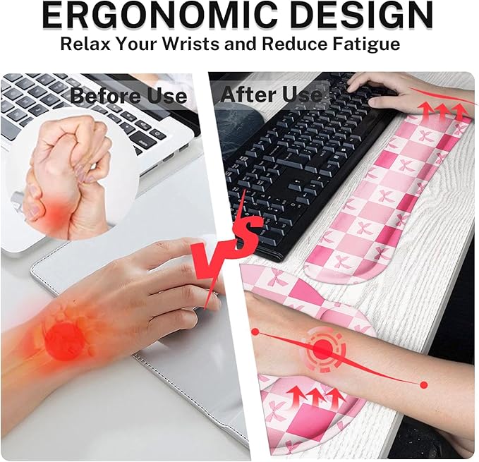 Britimes Pink Bow Checkered Cute Retro Kawaii Ergonomic Mouse Pad Set with Wrist Rest Non-Slip Rubber Base Wrist Cushion Support and Coasters Mousepad with Wrist Support for Computer Keyboard and Desk