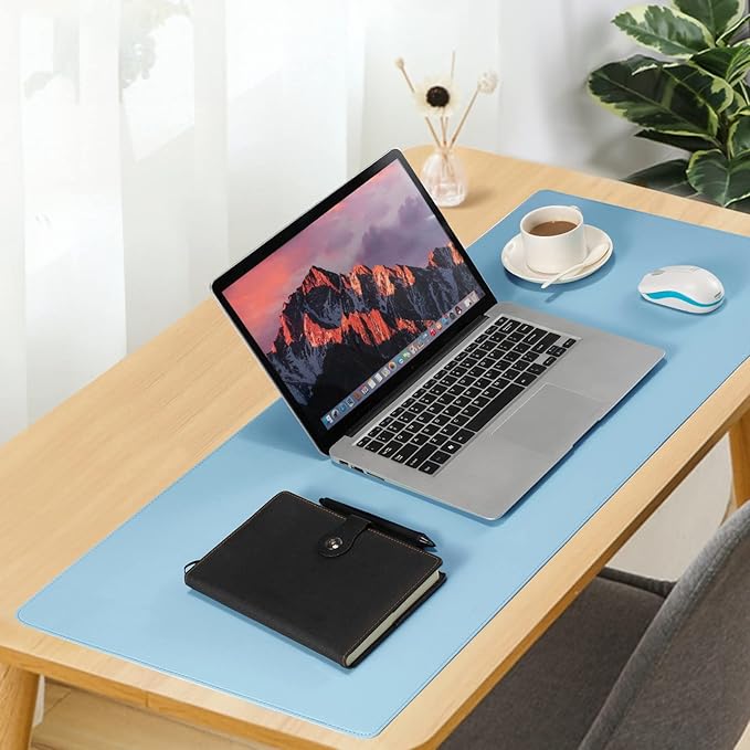 Faux Leather Desk Pad Blotter,Waterproof Non-Slip Writing Desk Mat for Kids,36x17 in Desktop Protector Large Mouse Pad,Light Blue Office Home Table Cover